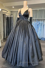 A Line V Neck Black Satin Long Semi Formal Prom Dresses with Pocket, V Neck Black Formal Graduation Evening Dresses