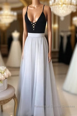 A Line V Neck Black Top Gray Semi Formal Prom Dresses, Gray Formal Dresses, V Neck Black Top Gray Evening Dresses, Graduation Dresses