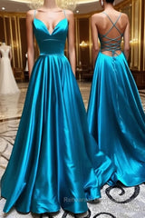 A Line V Neck Blue Backless Long Semi Formal Prom Dresses, Open Back Blue Long Formal Evening Dresses