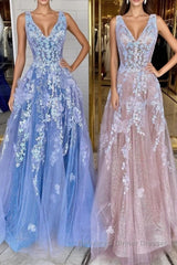 A Line V Neck Blue/Champagne Lace Floral Long Semi Formal Prom Dresses, Blue/Champagne Lace Formal Evening Dresses