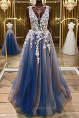 A Line V Neck Blue Lace Long Semi Formal Prom Dresses, Long Blue Formal Evening Dresses
