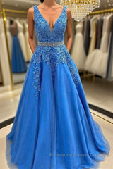 A Line V Neck Blue Lace Long Semi Formal Prom Dresses with Belt, Blue Lace Formal Evening Dresses