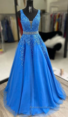 A Line V Neck Blue Lace Long Semi Formal Prom Dresses with Belt, Blue Lace Formal Evening Dresses