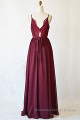 A Line V Neck Burgundy Long Semi Formal Prom Dresses with Lace Back, V Neck Burgundy Formal Evening Dresses, Burgundy Bridesmaid Dresses