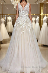 A Line V Neck Champagne Lace Long Semi Formal Prom Dresses, Champagne Lace Formal Dresses, Champagne Evening Dresses