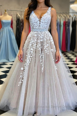 A Line V Neck Champagne Lace Semi Formal Prom Dresses, Champagne Lace Formal Evening Dresses