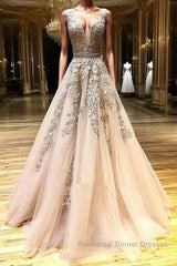 A Line V Neck Champagne Lace Semi Formal Prom Dresses, V Neck Champagne Lace Formal Graduation Evening Dresses