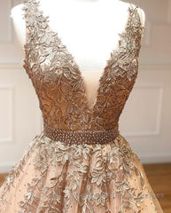 A Line V Neck Champagne Lace Semi Formal Prom Dresses, V Neck Champagne Lace Formal Graduation Evening Dresses