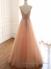 A Line V Neck Champagne Tulle Long Beaded Semi Formal Prom Dresses, Champagne Long Formal Evening Dresses