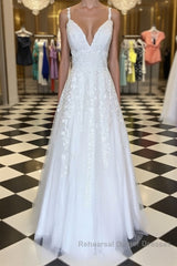 A Line V Neck Floor Length Lace White Long Semi Formal Prom Dresses, White Lace Formal Dresses, V Neck White Evening Dresses