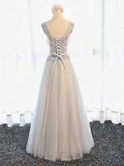 A Line V Neck Gray Floral Long Semi Formal Prom Dresses, V Neck Gray Long Floral Formal Bridesmaid Dresses