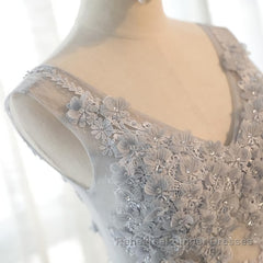 A Line V Neck Gray Floral Long Semi Formal Prom Dresses, V Neck Gray Long Floral Formal Bridesmaid Dresses