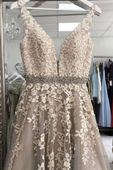 A Line V Neck Gray Lace Long Semi Formal Prom Dresses with Belt, Gray Lace Floral Formal Dresses, Gray Lace Evening Dresses