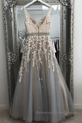 A Line V Neck Gray Lace Long Semi Formal Prom Dresses with Belt, Gray Lace Floral Formal Dresses, Gray Lace Evening Dresses