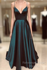 A Line V Neck Green/Blue Backless Long Semi Formal Prom Dresses, V Neck Backless Green/Blue Formal Graduation Evening Dresses
