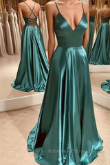 A Line V Neck Green Satin Long Semi Formal Prom Dresses, Backless Green Long Formal Evening Dresses