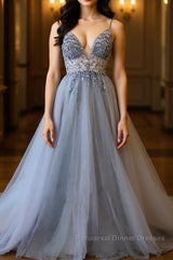 A Line V Neck Grey Beaded Long Semi Formal Prom Dresses with Split, Grey Beaded Formal Graduation Evening Dresses