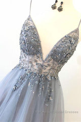 A Line V Neck Grey Beaded Long Semi Formal Prom Dresses with Split, Grey Beaded Formal Graduation Evening Dresses