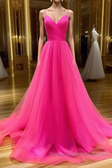 A Line V Neck Hot Pink Long Semi Formal Prom Dresses, V Neck Hot Pink Long Formal Evening Dresses