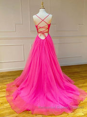 A Line V Neck Hot Pink Long Semi Formal Prom Dresses, V Neck Hot Pink Long Formal Evening Dresses