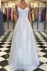 A Line V Neck Lace Appliques White Semi Formal Prom Dresses Wedding Dresses, White Lace Formal Dresses, White Evening Dresses