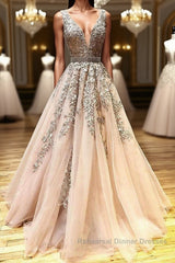A Line V Neck Lace Champagne Tulle Long Semi Formal Prom Dresses, V Neck Lace Champagne Formal Dresses, Champagne Lace Evening Dresses