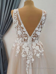A Line V Neck Long Champagne Lace Wedding Dresses, Champagne Lace Long Formal Semi Formal Prom Dresses
