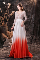 A Line V-Neck Long Sleeve Ombre Silk Like Satin Sweep Train Prom Dresses