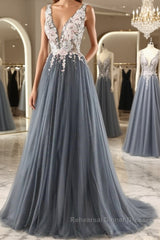 A Line V Neck Open Back Appliques Gray Long Semi Formal Prom Dresses, V Neck Grey Formal Dresses, Gray Evening Dresses