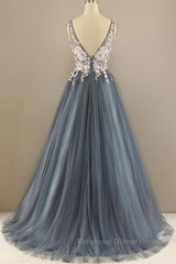 A Line V Neck Open Back Appliques Gray Long Semi Formal Prom Dresses, V Neck Grey Formal Dresses, Gray Evening Dresses