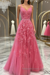A Line V Neck Open Back Beaded Hot Pink Lace Long Semi Formal Prom Dresses, Hot Pink Lace Formal Graduation Evening Dresses