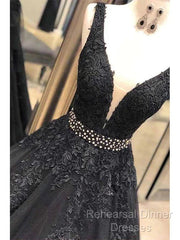 A-Line V-Neck Open Back Black Lace Long Semi Formal Prom Dress Evening Dress With Beading,