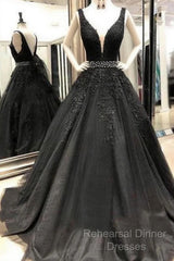A-Line V-Neck Open Back Black Lace Long Semi Formal Prom Dress Evening Dress With Beading,