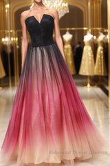 A Line V Neck Open Back Ombre Long Semi Formal Prom Dresses, Backless Ombre Formal Graduation Evening Dresses