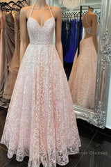 A Line V Neck Open Back Pink Lace Long Semi Formal Prom Dresses, Pink Lace Formal Graduation Evening Dresses
