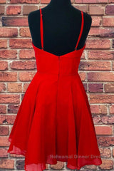 A Line V Neck Open Back Red Short Semi Formal Prom Dresses, Backless Red Homecoming Dresses