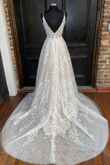 A Line V Neck Open Back White Lace Long Semi Formal Prom Dresses, V Neck White Lace Formal Dresses, White Lace Evening Dresses