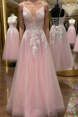 A Line V Neck Pink Lace Floral Long Semi Formal Prom Dresses, Pink Lace Formal Dresses, Pink Evening Dresses