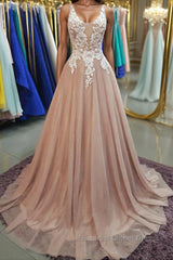 A Line V Neck Pink Lace Long Semi Formal Prom Dresses, V Neck Pink Formal Dresses, Pink Lace Evening Dresses