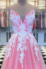 A Line V Neck Pink Long Semi Formal Prom Dresses with Lace Appliques, V Neck Pink Formal Dresses, Pink Evening Dresses
