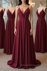 A Line V Neck Pleated Burgundy Long Semi Formal Prom Dresses, V Neck Burgundy Long Evening Dresses, Burgundy Graduation Dresses, Formal Dresses