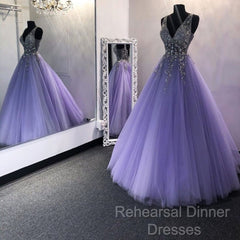 A Line V Neck Purple Beaded Long Semi Formal Prom Dresses, V Neck Backless Purple Long Formal Evening Dresses