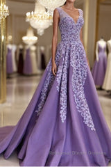 A Line V Neck Purple Long Semi Formal Prom Dresses with Lace Appliques, V Neck Purple Formal Evening Dresses