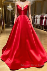 A Line V Neck Red Backless Semi Formal Prom Dresses, Red Backless Long Formal Evening Graduation Dresses