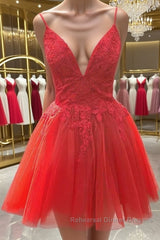 A Line V Neck Red Lace Short Semi Formal Prom Dresses, Red Lace Homecoming Dresses