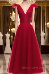 A Line V Neck Red Tea Length Semi Formal Prom Dresses with Corset Back, Red Tea Length Formal Graduation Dresses