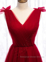 A Line V Neck Red Tea Length Semi Formal Prom Dresses with Corset Back, Red Tea Length Formal Graduation Dresses