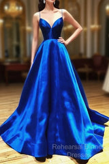 A Line V Neck Royal Blue Backless Semi Formal Prom Dresses, Open Back Royal Blue Formal Evening Graduation Dresses