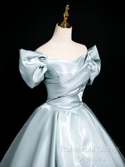 A-Line V Neck Satin Blue Long Semi Formal Prom Dress, Blue Long Formal Dress