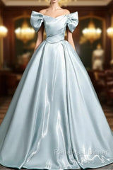 A-Line V Neck Satin Blue Long Semi Formal Prom Dress, Blue Long Formal Dress